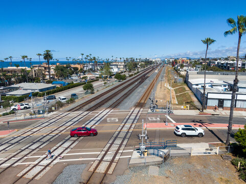 Aerial Drone Perspective of Railroad Tracks on LOSSAN Rail Corridor in Oceanside CA