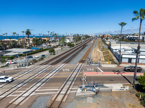 Aerial Drone Perspective of Railroad Tracks on LOSSAN Rail Corridor in Oceanside CA