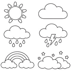 Fototapeta premium Black outline weather sun rain rainbow lightning stars clouds