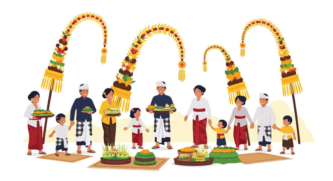 Balinese families in traditional dress carrying ritual offerings and penjor pole