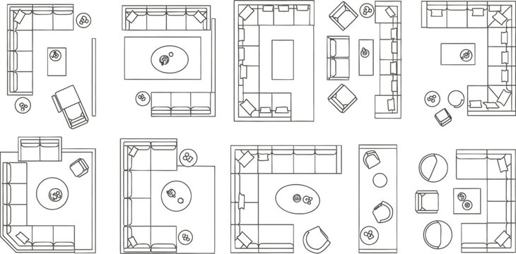 Set of Architectural Floor Plan Symbols Featuring Various Modern Living Room Furniture Layouts