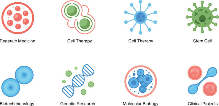 Medical and biology icon set featuring regenerative medicine, cell therapy, stem cell research and biotechnology. vector illustration