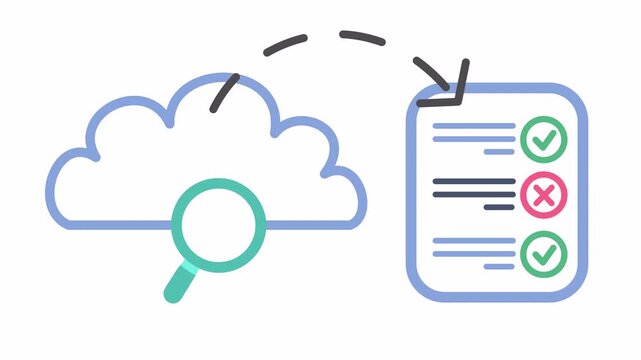 Rejected checkmark on cloud search result icon with error indicator on verified checklist isolated in alpha channel. Minimalist digital reporting animation for incomplete data retrieval notification.
