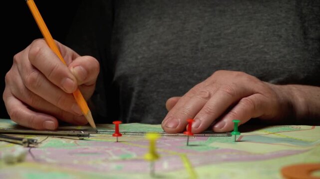 Hands of a topographer marking locations on a colorful map with push pins and a pencil, showcasing a detailed planning process in a dimly lit workspace