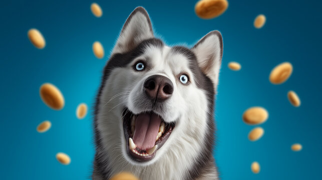 Siberian husky dog with open mouth and excited expression surrounded by flying kibble on blue background in studio light creating dynamic playful scene. Concept of pet food advertising