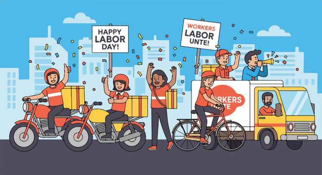 Happy, diverse workers celebrate Labor Day in an urban parade with yellow trucks