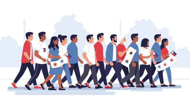 A diverse group of people marching together holding Philippine flags and banners