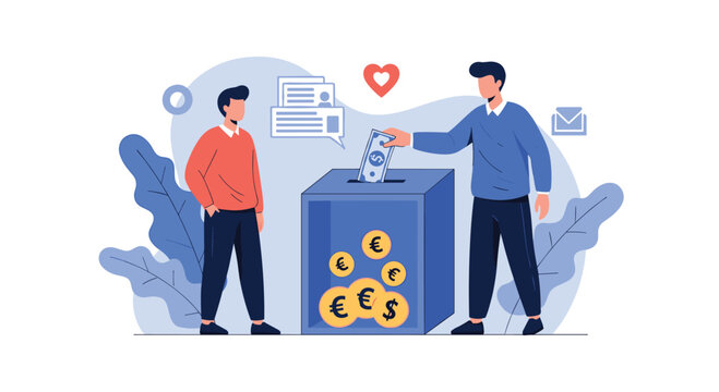 Generous man putting a dollar bill into a donation box while another person looks on representing charity, social responsibility, and giving back.