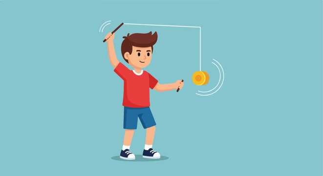 A young boy wearing a red t-shirt and blue shorts is playing with a diabolo toy