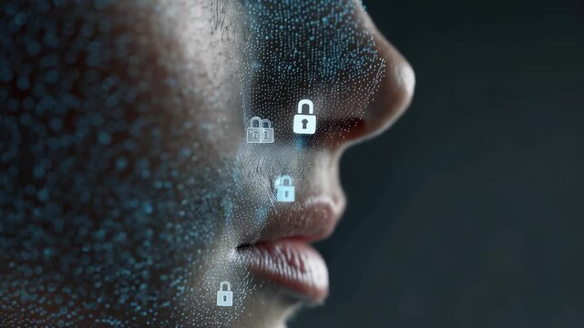Digital representation of a human face showcasing protective security features and data in a futuristic environment