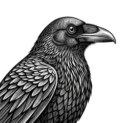 Naklejka premium Raven close-up profile with detailed feathers and beak, gothic wildlife style, sketch engraving vector illustration with scratchboard effect.