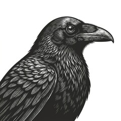 Naklejka premium Raven close-up profile with detailed feathers and beak, gothic wildlife style, sketch engraving vector illustration with scratchboard effect.