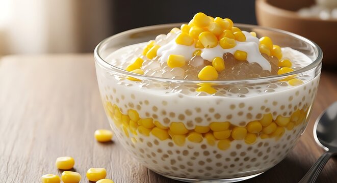 Sweet corn and tapioca pudding dessert in a clear glass bowl on a wooden surface