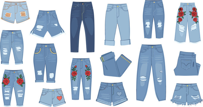 Set of denim jeans and shorts collection, trendy casual clothing with ripped and embroidered designs, modern fashion apparel vector illustration
