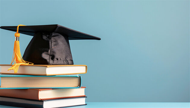 graduation cap resting on a stack of books against a blue background. Academic cap on literature for university ceremony. Student achievement and educational concept with copy space