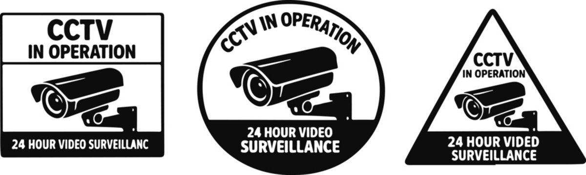 3 CCTV security camera signs featuring square, circle and triangle warning shapes for surveillance design silhouette vector