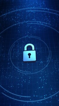 Futuristic visualization of blockchain security glowing padlock connected data blocks by a digital chain, protection. Cybersecurity Technology Animation in Digital Shield Lock. Artificial Intelligence