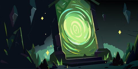 Glowing green portal stands amidst dark jagged rock formations © Sujit