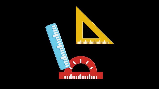 Rotating school rulers and protractor on black background