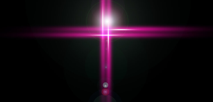 Abstract Pink Light Cross Flare Effect Isolated on Black Background Featuring Radiant Glow and Digital Lens Optical Glare Rays