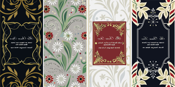 Four decorative vertical panels with floral and paisley motifs
