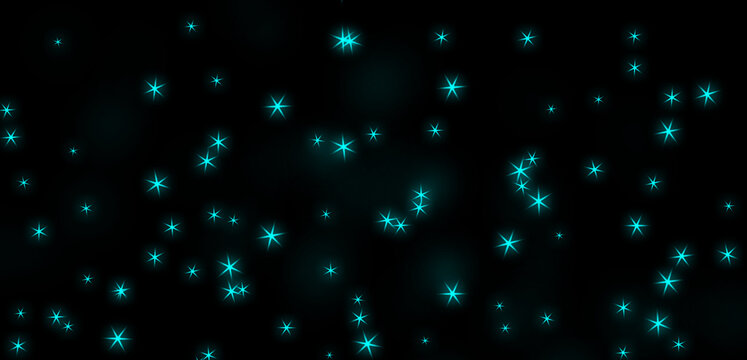 Abstract Background With Glowing Cyan Sparkles And Star Shaped Light Particles Floating On A Deep Dark Black Surface Texture