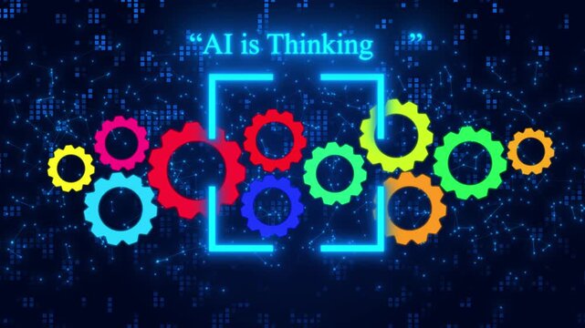 Futuristic Conceptual Visualization Of Artificial Intelligence With Glowing Colorful Gears And Cogs On A Dark Blue Digital Network Background Featuring The Text "AI Is Thinking" In Bright Neon Blue Li
