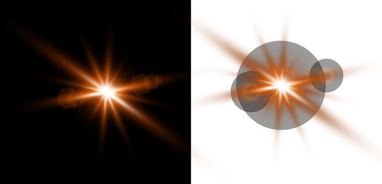 A vibrant orange starburst light effect shown against both black and white backgrounds for versatile digital design use