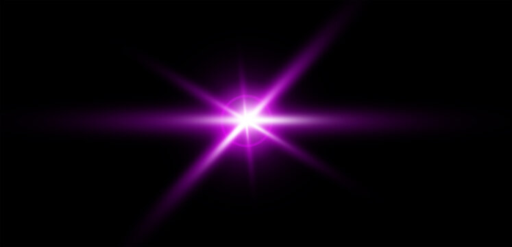 A bright purple starburst lens flare effect with long glowing rays isolated on a solid black background design element