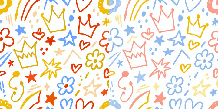 Colorful doodle pattern featuring crowns stars hearts and floral shapes