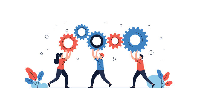 Team of three workers collaborating to lift and carry a sequence of interlocked mechanical gears representing synchronization and operational teamwork.