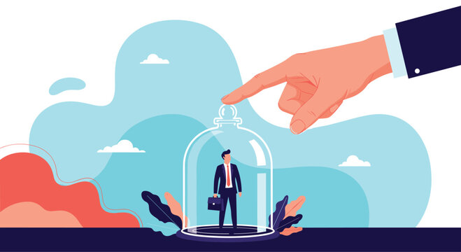 Businessman protected under glass bell jar from giant finger above symbolizing corporate safety or insurance security concept.