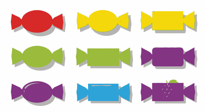 A grid of nine colorful wrapped candies in various shapes and hues, featuring red, yellow, green, purple, and blue designs with subtle shadows.