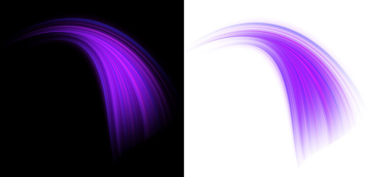 Abstract Glowing Purple Light Wave Effect Curved Motion Graphic Design Element Set on Black and White Split Background Isolated