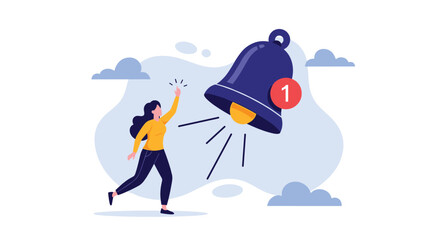 Fototapeta premium Young woman pointing at giant ringing bell with a red notification icon representing digital alerts and social media engagement reminders.
