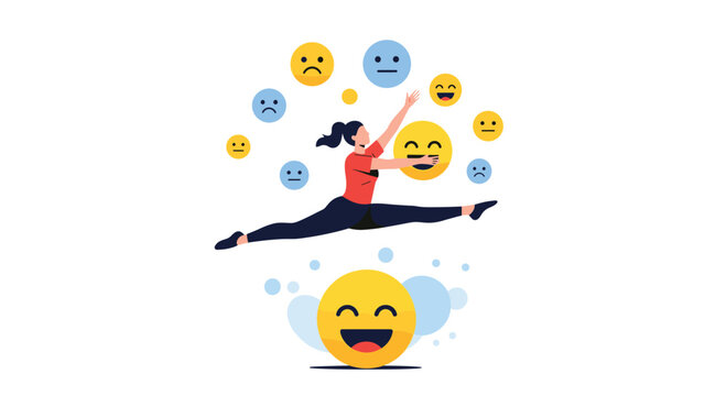 Athletic woman performs mid-air split while surrounded by various emoji faces representing emotional intelligence and mood management.