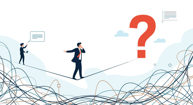 Brave businessman walks on tightrope towards giant question mark above tangled wires representing risk management and uncertain decisions.
