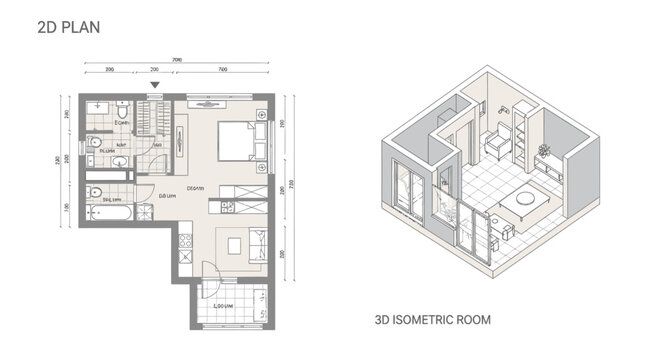 2D floor plan and 3D isometric room view of a modern apartment layout with detailed architectural design and interior furnishing.