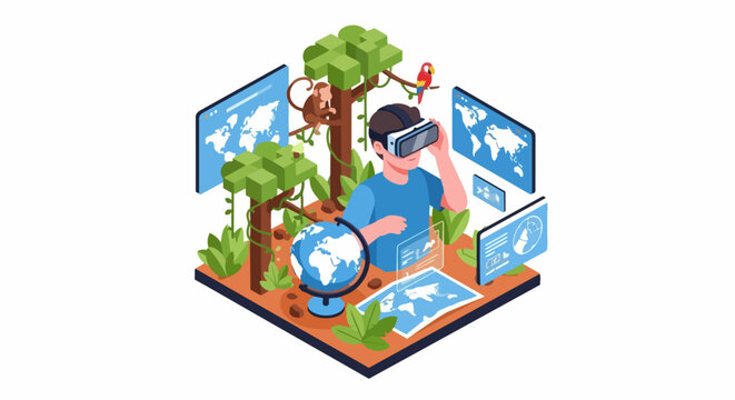 Isometric Virtual Reality Education and Travel Concept: Man in VR Headset Exploring Tropical Jungle and World Maps for Immersive Learning, Geography, and Metaverse Exploration