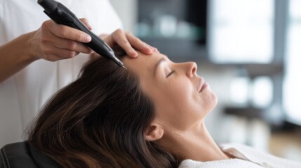 Naklejka premium Woman receiving scalp treatment for alopecia in a salon during daytime with a focused expression