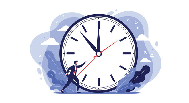 Determined man in suit tries to stop or turn back the hands of a giant clock representing time management and fighting against deadlines.