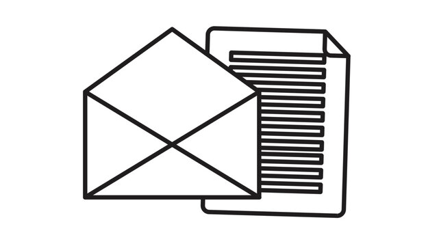 Black line art vector icon of an open envelope with a document inside, symbolizing mail, email communication, business correspondence, newsletter, and digital messaging illustration.