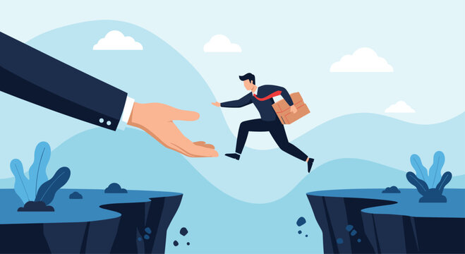 Helping hand assisting a businessman as he jumps across a wide canyon gap representing professional mentorship.
