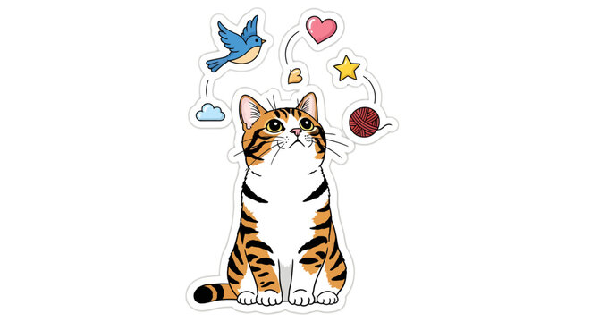 Whimsical orange tiger cat with floating icons and symbols
