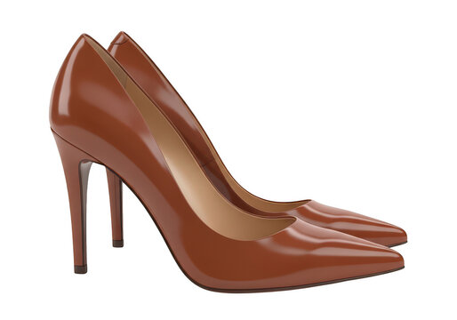 A pair of glossy brown high heeled pumps displayed at an angle ideal for design projects on transparent background