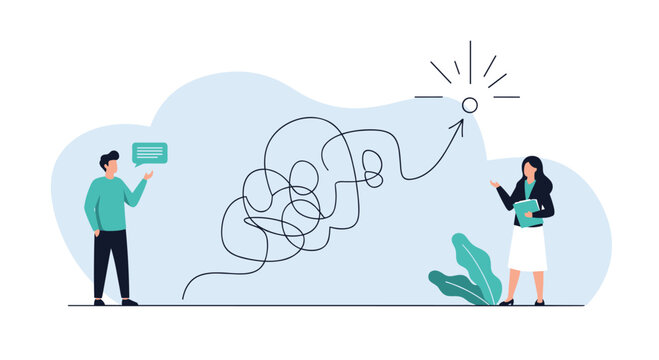 Coworkers discussing a tangled path that leads to a straight arrow and target to signify complex problem solving.