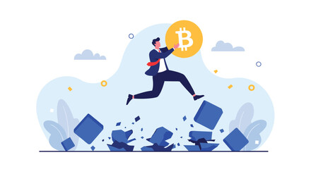 Obraz premium Businessman jumps over crumbling blue obstacles while carrying a large bitcoin coin representing cryptocurrency financial success.