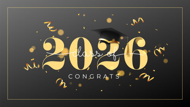 Class of 2026 Concept Banner. Vector background with realistic graduation cap, golden confetti and typography design. Banner for for graduation of college, school, university or degree ceremony.