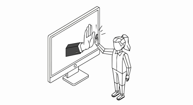 Digital Security and Boundary Concept: Isometric Illustration of a Woman Gesturing Stop to a Giant Hand Emerging from a Computer Monitor Screen
