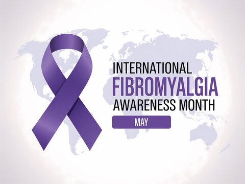 International fibromyalgia awareness month in may with purple ribbon symbol on world map background